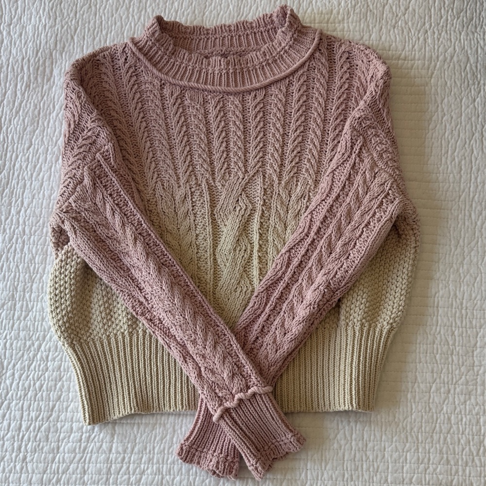 Anthropologie Pink and Cream Cable Knit Turtleneck Sweater